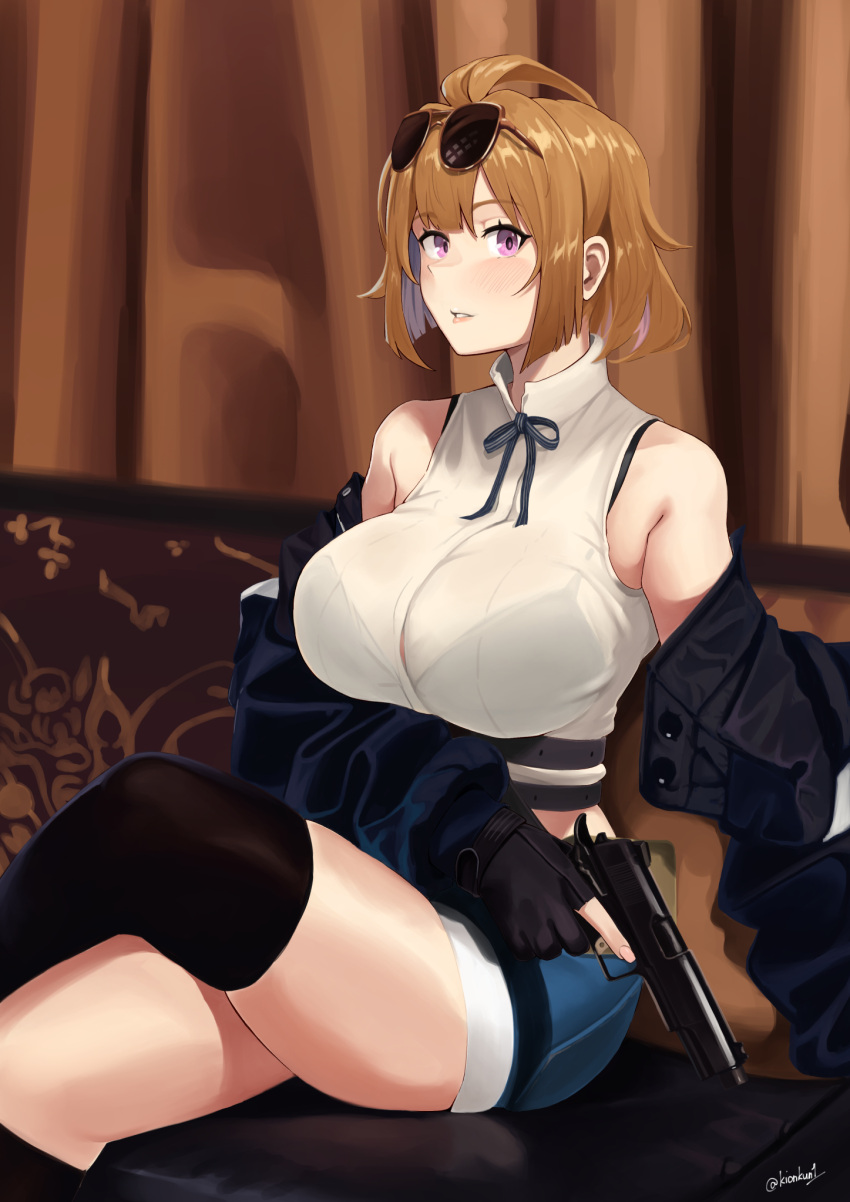 1girl bangs black_gloves black_jacket black_thighhighs blue_shorts blush bra breasts couch crossed_legs eyewear_on_head feet_out_of_frame fingerless_gloves girls'_frontline gloves grizzly_mkv grizzly_mkv_(girls'_frontline) gun handgun highres holding holding_gun holding_weapon jacket jacket_pull kion-kun large_breasts long_sleeves looking_at_viewer neck_ribbon open_clothes open_jacket open_mouth orange_hair parted_lips purple_eyes ribbon see-through see-through_shirt shirt short_hair shorts simple_background sitting solo sunglasses thighhighs thighs twitter_username underwear weapon white_shirt