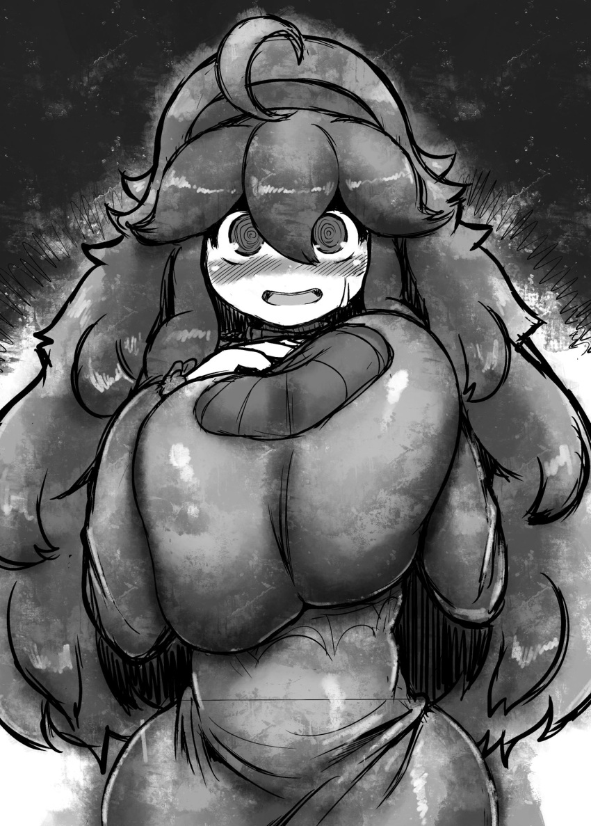 1girl @_@ ahoge alternate_breast_size black_dress blush breasts bugge_man dress greyscale hex_maniac_(pokemon) highres large_breasts long_hair looking_at_viewer messy_hair monochrome open_mouth pokemon pokemon_(game) pokemon_xy solo very_long_hair