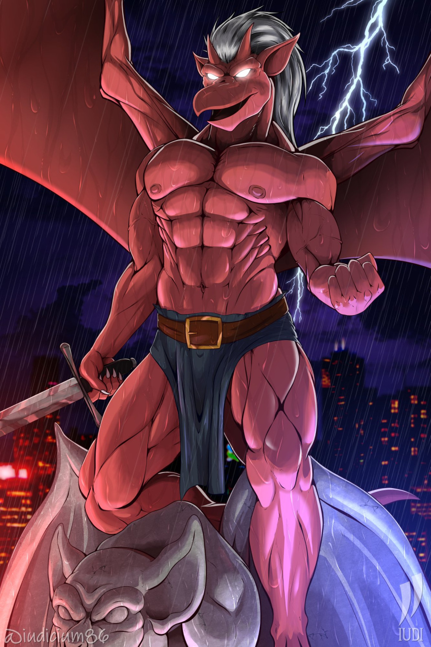 2022 abs anthro bottomwear brooklyn_(gargoyles) city clothed clothing crotch_apron digital_media_(artwork) disney fist full-length_portrait gargoyle gargoyles glowing glowing_eyes grey_bottomwear grey_clothing hair hi_res holding_object holding_sword holding_weapon iudicium86 large_wings lightning loincloth male melee_weapon membrane_(anatomy) membranous_wings muscular muscular_anthro muscular_legs muscular_male night nipples no_pupils pecs portrait raining red_body sculpture solo statue sword topless topless_male weapon white_eyes white_hair wings