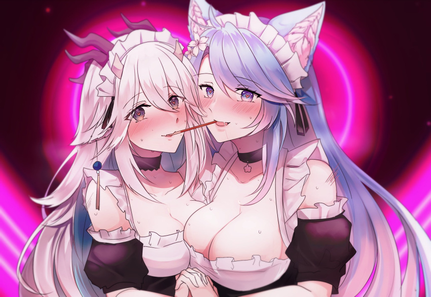 2girls animal_ear_fluff animal_ears apron bangs black_choker black_sleeves blue_eyes blue_hair blush breasts choker cleavage commentary commission detached_sleeves dragon_girl dragon_horns english_commentary fang food heart heart-shaped_pupils highres holding_hands horns large_breasts long_hair looking_at_viewer maid maid_apron maid_headdress multiple_girls open_mouth pink_hair pocky second-party_source silvervale skin_fang swept_bangs symbol-shaped_pupils vei_(vtuber) virtual_youtuber vshojo white_hair wolf_ears wolf_girl yuri zherrevia