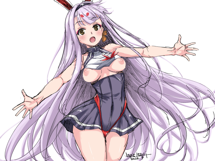 1girl :d absurdres animal_ears azur_lane bangs bare_shoulders blush breasts covered_navel eyeliner hairband highres hikimayu long_hair looking_at_viewer makeup nipples open_mouth outstretched_arms purple_hair rabbit_ears shimakaze_(azur_lane) simple_background sketch skirt smile solo umyonge_(lkakeu) white_background