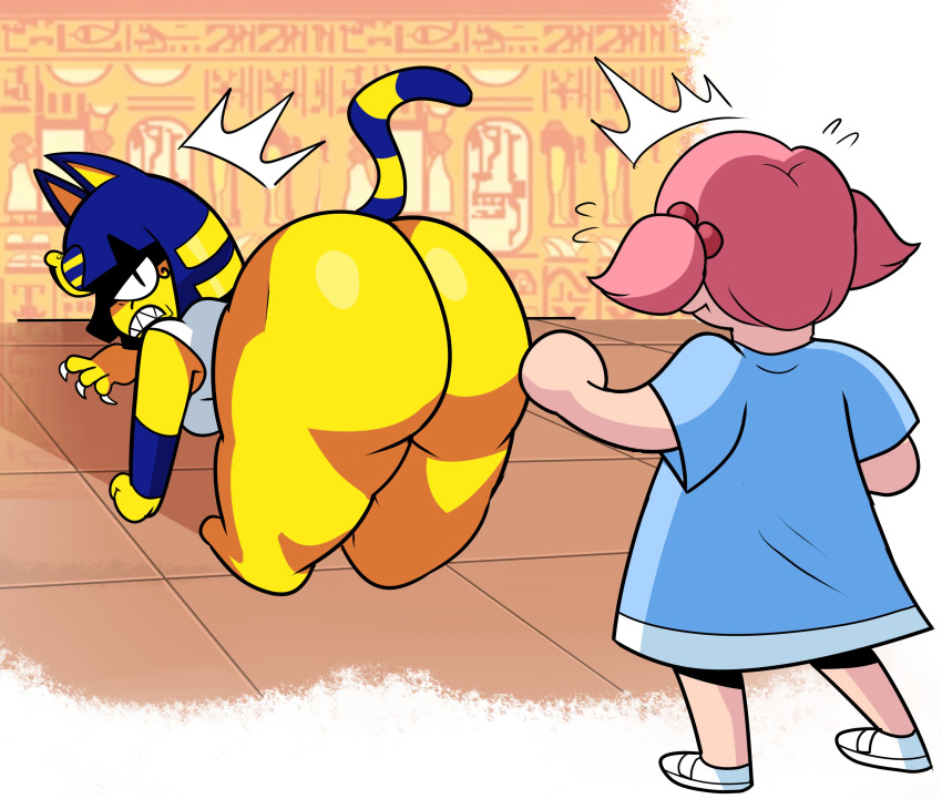 2021 absurd_res angry animal_crossing ankha_(animal_crossing) anthro big_butt black_pupils blue_hair bottom_heavy breasts bubble_butt butt claws clothing curvaceous curvy_figure detailed_background digital_drawing_(artwork) digital_media_(artwork) domestic_cat dress duo egyptian eyelashes feet felid feline felis female fingers fur hair hi_res huge_butt human inside light-skinned_female light_body light_skin looking_back mammal nintendo pink_hair pupils rear_view sharp_teeth short_hair simple_eyes smile stretching superspoe teeth thick_thighs toes twintails_(hairstyle) uraeus video_games villager_(animal_crossing) voluptuous wide_hips yellow_body yellow_fur