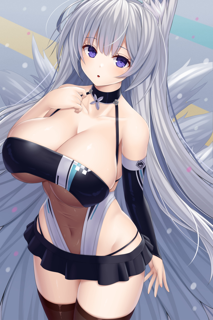animal_ears asamura_hiori azur_lane bare_shoulders breasts bridal_gauntlets choker cleavage collarbone covered_navel covered_nipples cowboy_shot fox_ears fox_tail gloves grey_hair highres huge_breasts long_hair looking_at_viewer microskirt multiple_tails open_mouth panty_straps purple_eyes race_queen see-through shinano_(azur_lane) single_glove skirt tail thighhighs very_long_hair