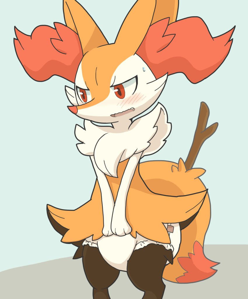 2017 ambiguous_gender anthro biped blush bodily_fluids braixen clean_diaper covering covering_self diaper dipstick_tail embarrassed fangs fur generation_6_pokemon hand_on_diaper hi_res looking_away markings multicolored_tail nintendo pokemon pokemon_(species) solo standing stick tail_markings touching_diaper video_games wadorigi white_body white_fur yellow_body yellow_fur