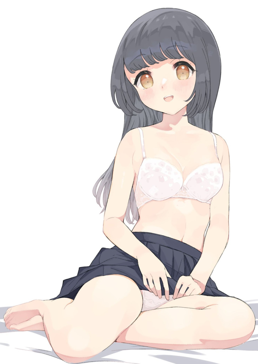 1girl barefoot black_hair black_skirt bra breasts brown_eyes cleavage clothes_lift feet flashing highres lifted_by_self long_hair no_shirt open_mouth original panties pantyshot pleated_skirt raxoko simple_background sitting skirt skirt_lift smile solo thighs toes underwear upskirt white_background white_bra white_panties