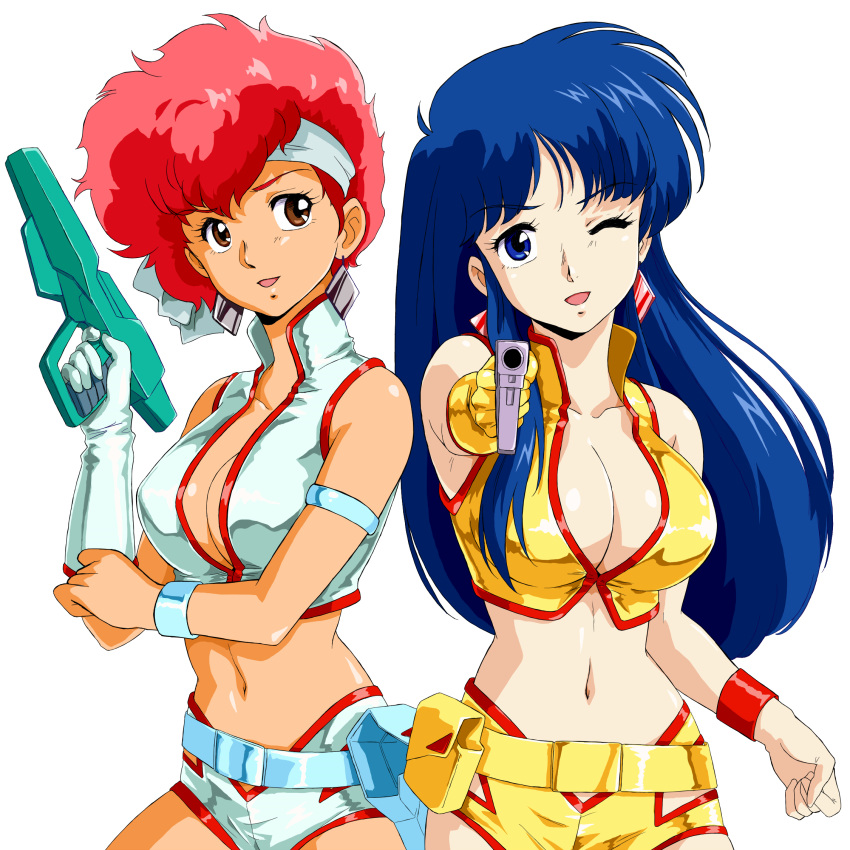 2girls ;d aiming_at_viewer asymmetrical_gloves blue_eyes blue_hair breasts brown_eyes cleavage collarbone crop_top dirty_pair gloves gun handgun highleg_shorts highres hip_vent holding holding_gun holding_weapon kei_(dirty_pair) large_breasts long_hair looking_at_viewer macla medium_hair micro_shorts midriff multiple_girls navel no_bra one_eye_closed open_mouth red_hair shiny shiny_hair shorts simple_background single_glove sleeveless smile standing stomach very_long_hair weapon white_background white_gloves white_shorts wristband yellow_gloves yellow_shorts yuri_(dirty_pair)