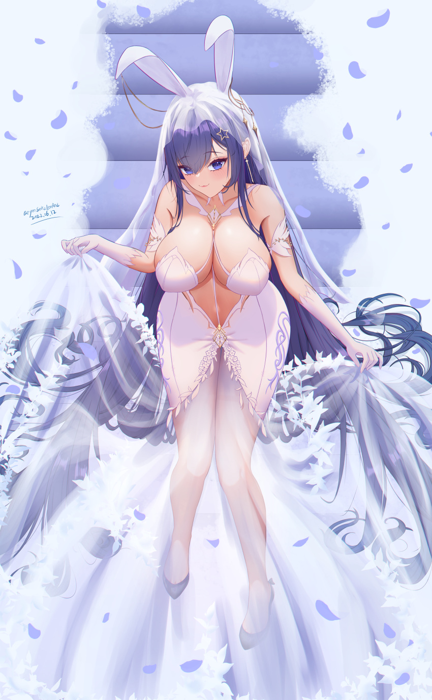 1girl absurdres animal_ears azur_lane breasts bridal_veil cleavage dated dress eeyoosekedooaat fake_animal_ears full_body hair_ornament highres large_breasts long_hair looking_at_viewer new_jersey_(azur_lane) new_jersey_(snow-white_ceremony)_(azur_lane) official_alternate_costume petals purple_eyes purple_hair solo star_(symbol) star_hair_ornament veil very_long_hair wedding_dress