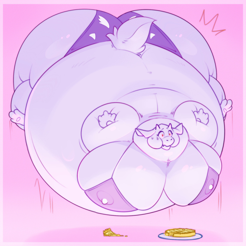 anthro belly big_belly big_breasts big_butt boss_monster bovid breasts butt caprine female floating fur goat hi_res horn huge_breasts huge_butt hyper hyper_belly hyper_breasts hyper_butt inflation mammal pie_(food) puffed_cheeks simple_background solo spherical_inflation toriel tuzzleton undertale undertale_(series) video_games white_body white_fur