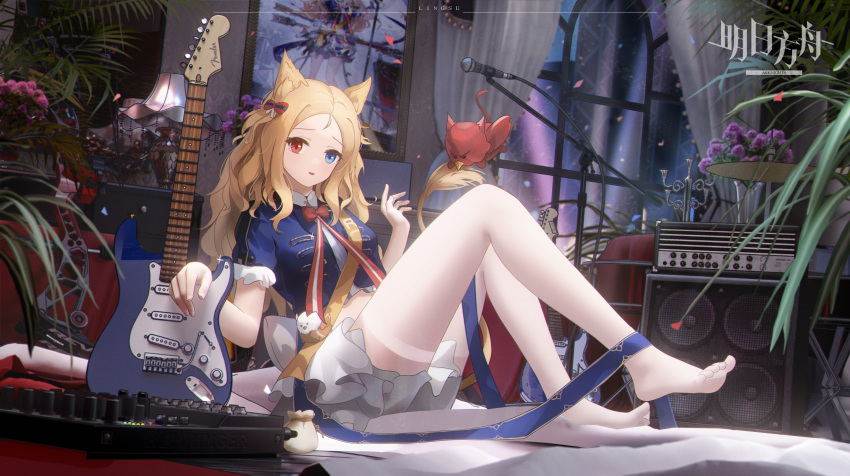 1girl absurdres amplifier animal animal_ears archetto_(arknights) arknights blonde_hair blue_eyes blue_shirt bow bow_(weapon) bowtie candlestand copyright_name electric_guitar frilled_skirt frills full_body guitar hair_bow hand_up heterochromia highres indoors instrument knees_up lamp legs ling_dianxia lion_ears lion_girl lion_tail long_hair looking_at_viewer microphone microphone_stand parted_lips plant potted_plant pouch red_bird red_bow red_bowtie red_eyes shirt short_sleeves sitting skirt solo tail thighhighs thighs weapon white_skirt white_thighhighs window