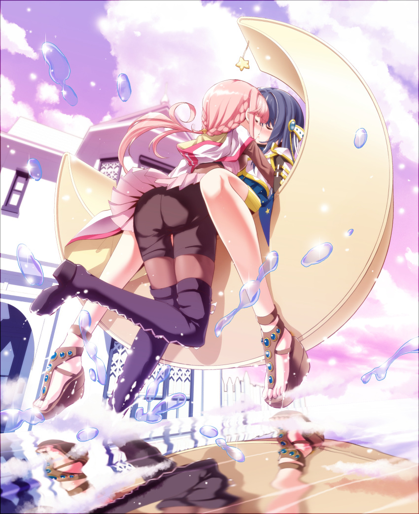 2girls absurdres ass blue_hair boots braid building chauke closed_eyes cloud crescent feet highres hood hoodie kiss long_hair magia_record:_mahou_shoujo_madoka_magica_gaiden magical_girl mahou_shoujo_madoka_magica multiple_girls nanami_yachiyo outdoors pink_hair reflection sandals shorts sitting skirt sky star_(symbol) surreal tamaki_iroha toes water yuri