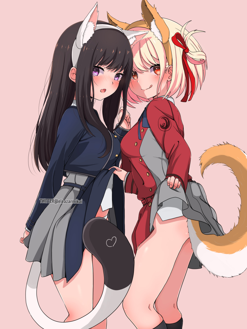 2girls :p absurdres animal_ears arm_behind_back black_hair blonde_hair blue_jacket blush breasts cat_ears cat_tail closed_mouth clothes_lift convenient_censoring dog_ears dog_tail eleazarmikai fake_animal_ears grey_skirt hair_ribbon highres inoue_takina jacket lifted_by_self long_hair looking_at_viewer lycoris_recoil medium_breasts multiple_girls nishikigi_chisato one_side_up open_mouth panties panty_peek pink_background pleated_skirt purple_eyes red_eyes red_jacket red_ribbon ribbon school_uniform short_hair simple_background skirt skirt_lift tail tail_censor thighs tongue tongue_out twitter_username underwear white_panties yuri