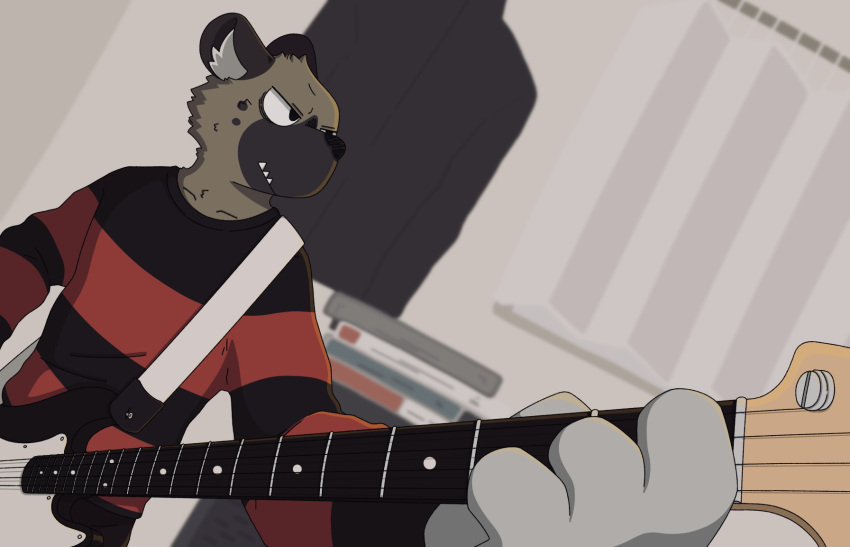 2021 4_fingers aggressive_retsuko anthro bass_guitar bent_arm black_bottomwear black_clothing black_ears black_nose black_pants bottomwear brown_body brown_face brown_fur brown_neck clothing curtains digital_media_(artwork) eyebrows fingers fur furniture grey_body grey_fur grey_hands grey_inner_ear_fluff guitar haida half-closed_eyes hi_res holding_object hyaenid inner_ear_fluff long_sleeves looking_at_object male mammal markings mouth_closed musical_instrument narrowed_eyes oonekoh pants pattern_clothing pattern_shirt pattern_topwear plucked_string_instrument sanrio shaded shirt snout solo spots spotted_hyena spotted_markings standing straps string_instrument striped_clothing striped_shirt striped_topwear stripes teeth three-quarter_view topwear tuft wall_(structure) window_sill
