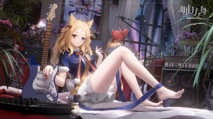 1girl absurdres amplifier animal animal_ears archetto_(arknights) arknights bare_legs barefoot blonde_hair blue_eyes blue_shirt bow bow_(weapon) bowtie candlestand copyright_name electric_guitar frilled_skirt frills full_body guitar hair_bow hand_up heterochromia highres indoors instrument knees_up lamp legs ling_dianxia lion_ears lion_girl lion_tail long_hair looking_at_viewer microphone microphone_stand parted_lips plant potted_plant pouch red_bird red_bow red_bowtie red_eyes shirt short_sleeves sitting skirt solo tail thighs weapon white_skirt window