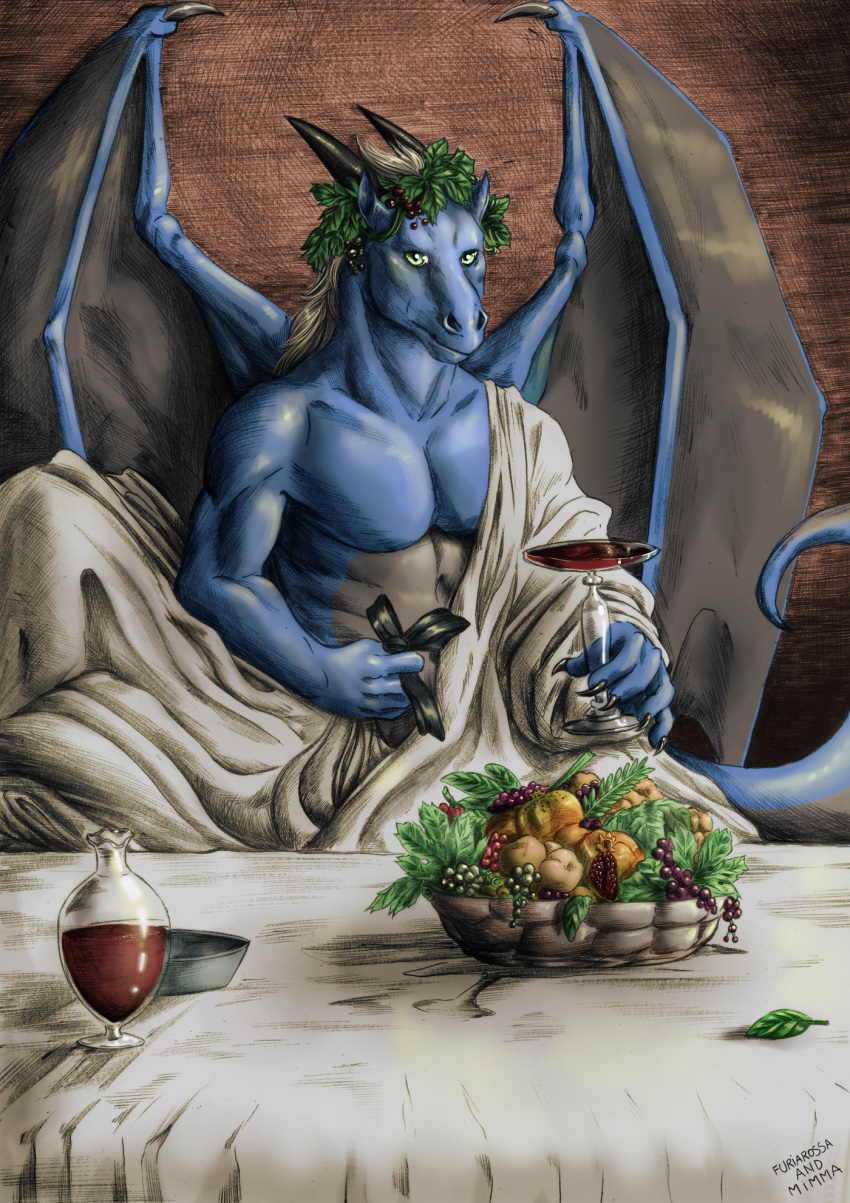 2020 alcohol anthro bacchus bedding beverage blanket blue_body claws clothed clothing container cup dragon drinking_glass fig food fruit fruit_basket furiarossa furniture glass glass_container glass_cup grape green_eyes grey_body hi_res holding_object horn inspired_by_formal_art leaf leaf_crown looking_at_viewer male membrane_(anatomy) membranous_wings multicolored_body muscular muscular_male peach_(fruit) pecs plant pose ribbons signature sitting solo table topless two_tone_body wine wine_bottle wine_glass wings