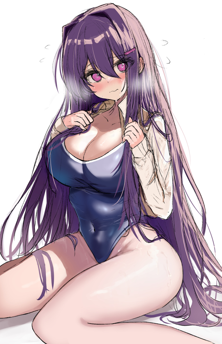 1girl b4_(yonten) blue_one-piece_swimsuit blush breasts cleavage covered_navel doki_doki_literature_club flying_sweatdrops hair_ornament hairclip highres large_breasts long_hair looking_at_viewer one-piece_swimsuit purple_eyes purple_hair school_swimsuit solo sweater swimsuit very_long_hair war yuri_(doki_doki_literature_club)