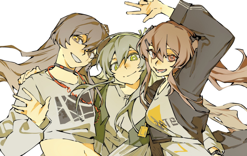 3girls bangs black_choker black_jacket bow breasts brown_eyes brown_hair casual choker closed_mouth commentary english_commentary girls'_frontline green_eyes green_hairband green_jacket grey_hair hair_bow hair_ornament hairband hairclip hand_on_another's_shoulder hand_up headphones headphones_around_neck highres id_card jacket long_hair looking_at_viewer lower_teeth multiple_girls official_alternate_costume open_clothes open_jacket open_mouth print_shirt red_eyes scar scar_across_eye shirt side_ponytail sidelocks small_breasts smile star-shaped_pupils star_(symbol) symbol-shaped_pupils teeth twintails ump40_(girls'_frontline) ump45_(girls'_frontline) ump9_(girls'_frontline) upper_body v white_background white_shirt yusen_0329