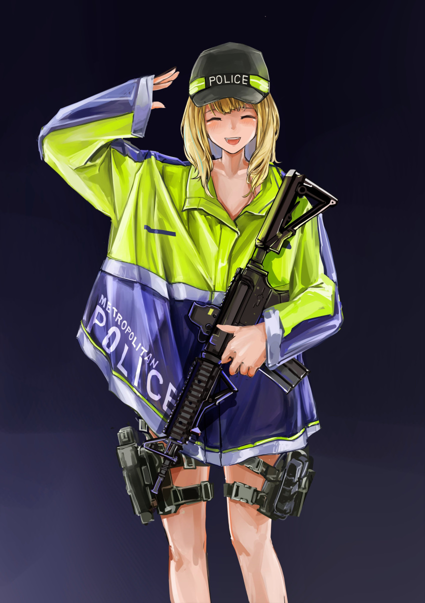 1girl absurdres assault_rifle baseball_cap blonde_hair blush character_request closed_eyes commentary feet_out_of_frame gun hat highres holding holding_gun holding_weapon lithographica long_hair long_sleeves open_mouth original police police_hat police_uniform policewoman rifle salute simple_background smile solo standing teeth uniform upper_teeth weapon weapon_request