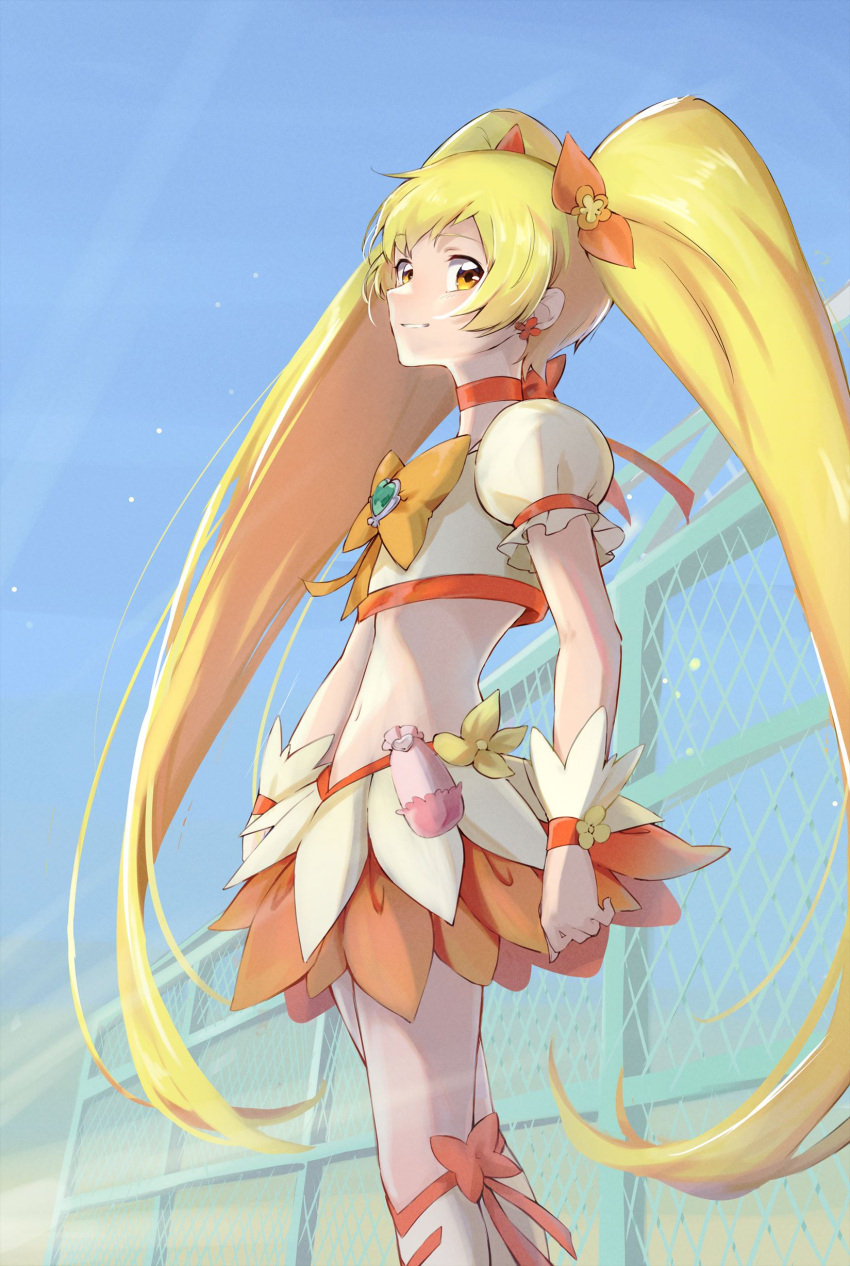1girl absurdres aizawa_zawapo blonde_hair blue_sky boots bow bowtie brown_eyes choker crop_top cure_sunshine day floating_hair grin hair_bow heartcatch_precure! highres knee_boots layered_skirt long_hair midriff miniskirt navel orange_bow orange_bowtie orange_choker orange_skirt outdoors parted_lips precure shiny shiny_hair skirt sky smile solo standing stomach twintails two-tone_skirt very_long_hair white_footwear white_skirt