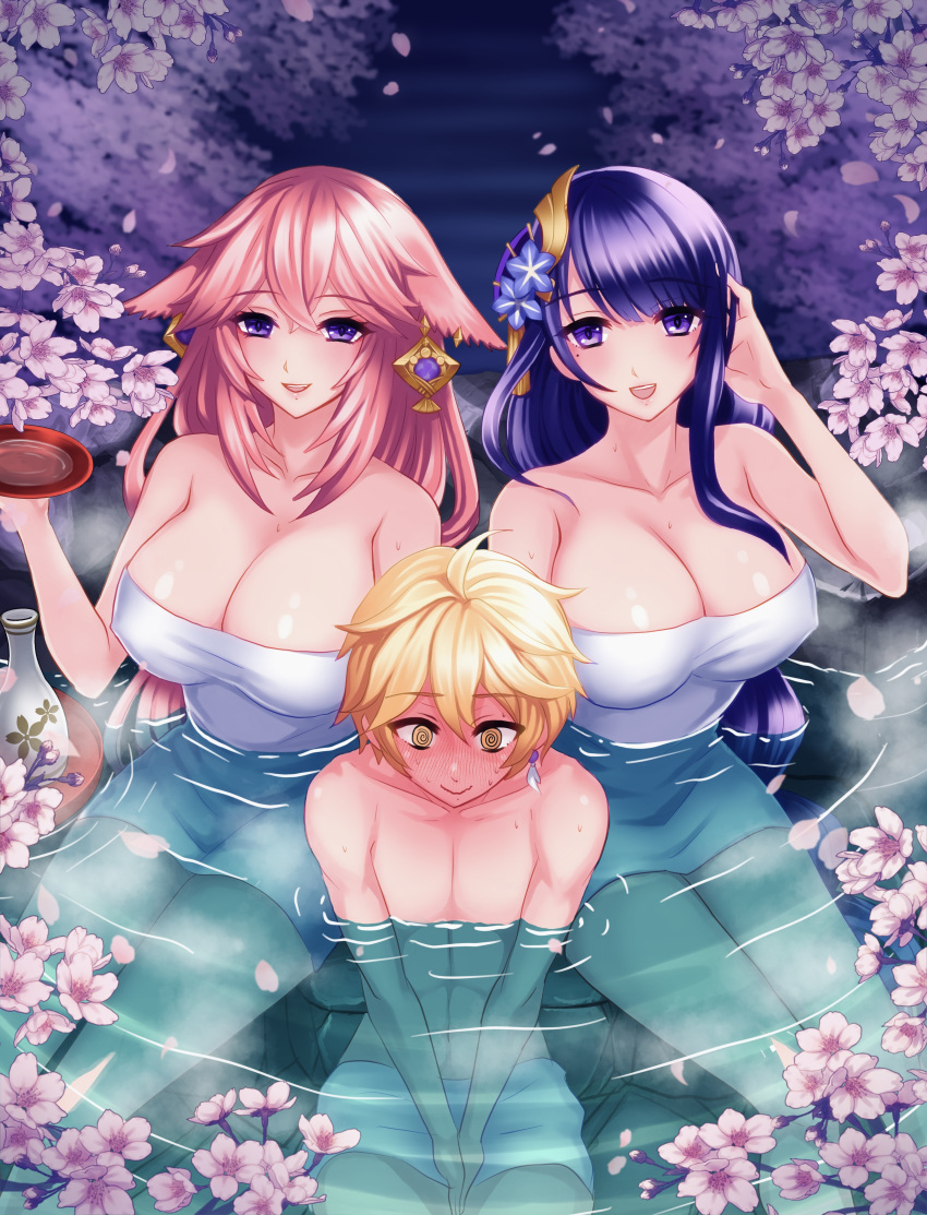 11ch 1boy 2girls @_@ abs absurdres aether_(genshin_impact) animal_ears bangs bare_shoulders bath bathing blonde_hair blush breasts cherry_blossoms closed_mouth earrings flower fox_ears genshin_impact hair_between_eyes hair_ornament highres jewelry large_breasts long_hair mole mole_under_eye multiple_girls muscular muscular_male onsen open_mouth pink_hair purple_eyes purple_hair raiden_shogun smile towel_around_waist yae_miko yellow_eyes