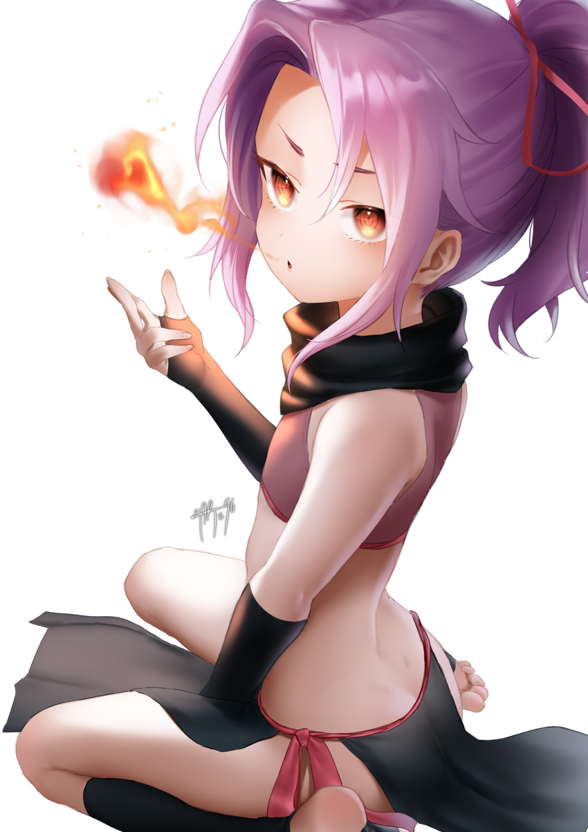 1girl absurdres bangs bare_shoulders black_gloves black_scarf breathing_fire brown_eyes crop_top feet fingerless_gloves fire forehead full_body gloves high_ponytail highres japanese_clothes kimono kunoichi_tsubaki_no_mune_no_uchi long_hair midriff ninja no_shoes parted_bangs purple_hair red_ribbon ribbon ringed_eyes sazanka_(kunoichi_tsubaki_no_mune_no_uchi) scarf sidelocks sleeveless sleeveless_kimono stirrup_legwear toeless_legwear toes white_background zasshu