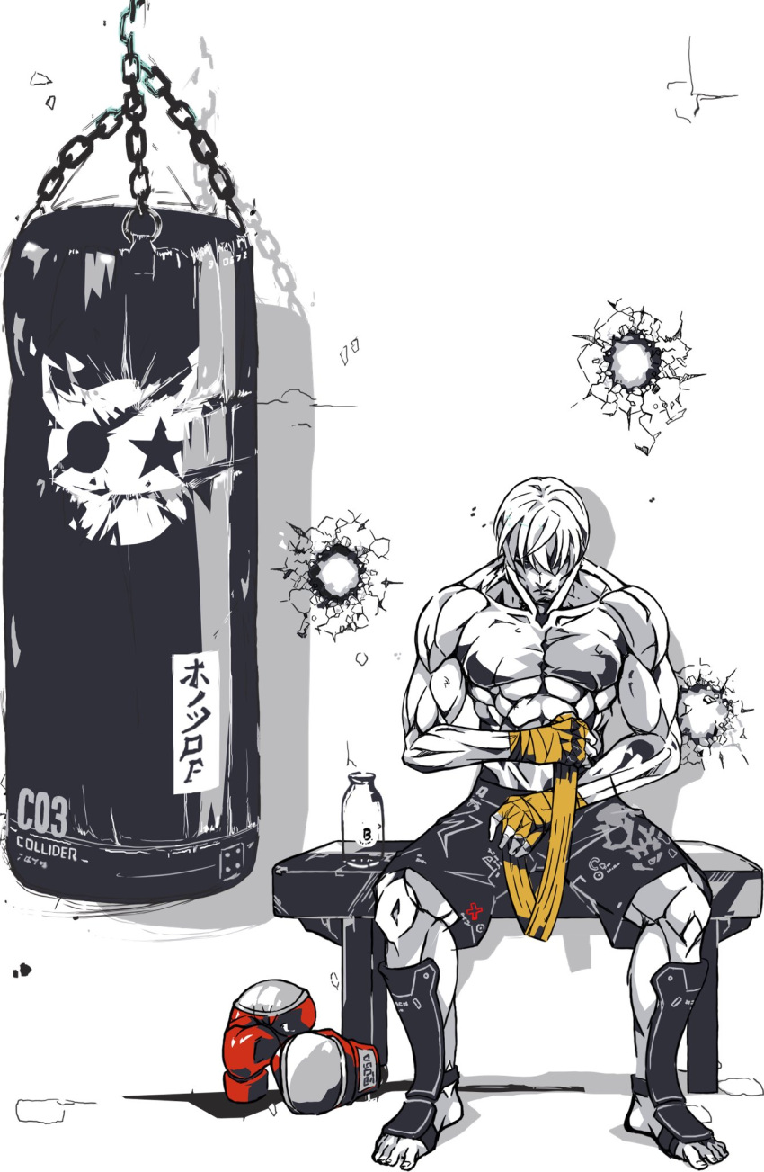 1boy bandaged_hand bandages bangs barefoot bottle boxing_gloves broken_wall cable collarbone gloves gloves_removed highres looking_down male_focus muscular muscular_male original pshinobi punching_bag shin_guards shorts sitting solo spot_color topless_male