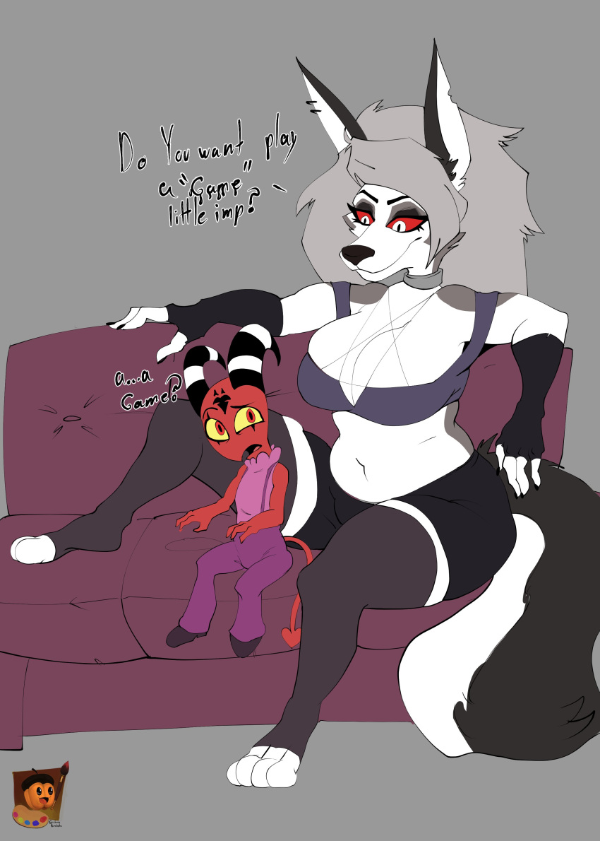 absurd_res age_difference aged_down anthro anthro_on_anthro big_breasts blitzo_(helluva_boss) breasts canid canid_demon claws clothed clothing demon dialogue duo female fluffy fluffy_tail fur furniture grey_body grey_fur grishnax hair hellhound helluva_boss hi_res horn humanoid imp interspecies loona_(helluva_boss) male male/female mammal older_female on_sofa open_mouth red_body red_eyes simple_background sitting sitting_on_sofa smile sofa technical_incest teeth thick_thighs tongue white_body white_fur white_hair wide_hips younger_male