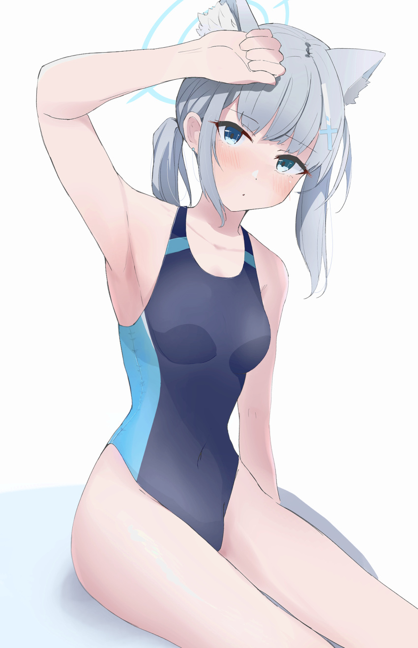 1girl absurdres animal_ear_fluff animal_ears bangs black_one-piece_swimsuit blue_archive blue_eyes breasts competition_swimsuit covered_navel cowboy_shot cross_hair_ornament extra_ears grey_hair hair_ornament halo highres leaning_to_the_side low_ponytail medium_breasts medium_hair multicolored_clothes multicolored_swimsuit one-piece_swimsuit penguin_potof shiroko_(blue_archive) shiroko_(swimsuit)_(blue_archive) simple_background sitting solo swimsuit white_background