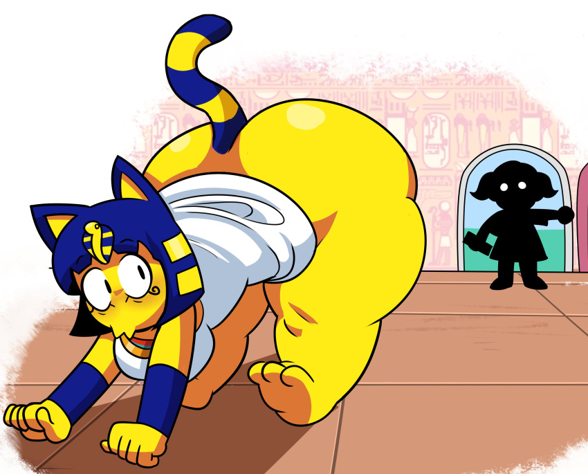 2021 absurd_res animal_crossing ankha_(animal_crossing) anthro big_butt black_pupils blue_hair bottom_heavy breasts bubble_butt butt clothing curvaceous curvy_figure detailed_background digital_drawing_(artwork) digital_media_(artwork) domestic_cat dress duo egyptian eyelashes feet felid feline felis female fingers fur hair hi_res huge_butt human inside mammal nintendo pupils short_hair simple_eyes smile stretching superspoe thick_thighs toes twintails_(hairstyle) uraeus video_games villager_(animal_crossing) voluptuous wide_hips yellow_body yellow_fur