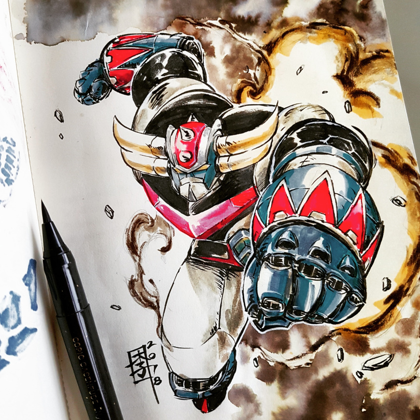 absurdres clenched_hands english_commentary grendizer highres horns mar-c! marker marker_(medium) mazinger_(series) mecha mixed-language_commentary no_humans photo_(medium) robot smoke solo super_robot traditional_media ufo_robo_grendizer