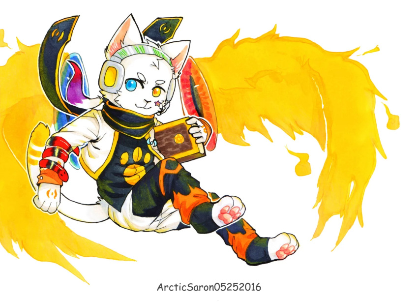 2016 anthro artist_name asnnonaka black_bottomwear black_clothing black_pants black_scarf black_topwear blue_eyes blue_pupils book bottomwear clothed clothing dated domestic_cat felid feline felis fire flaming_wings full-length_portrait fur head_tuft headphones heterochromia holding_book holding_object male mammal orange_bottomwear orange_clothing orange_pants orange_pupils pants portrait pupils scarf simple_background solo three-quarter_view topwear tuft white_background white_body white_bottomwear white_clothing white_fur white_pants wings yellow_clothing yellow_eyes yellow_scarf yellow_topwear