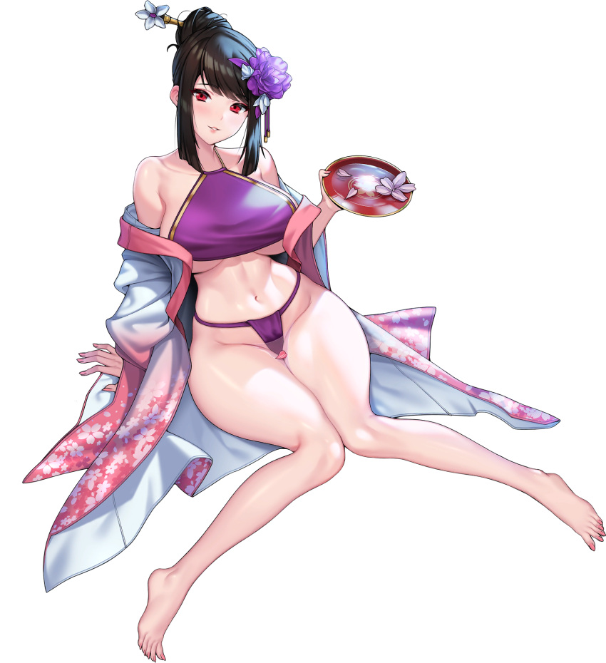 1girl alcohol bangs black_hair blush bra breasts c.honey collarbone cup feet floral_print flower game_cg gradient_kimono hair_bun hair_flower hair_ornament hair_stick highres holding holding_cup japanese_clothes kimono knees_together_feet_apart kunoichi_zero large_breasts last_origin linea_alba looking_at_viewer mole mole_on_breast nail_polish navel official_alternate_costume official_art parted_lips petals pink_kimono pink_nails purple_bra purple_flower purple_fundoshi red_eyes sakazuki sake sidelocks simple_background single_hair_bun sitting smile solo transparent_background underboob underwear wakamezake white_flower white_kimono