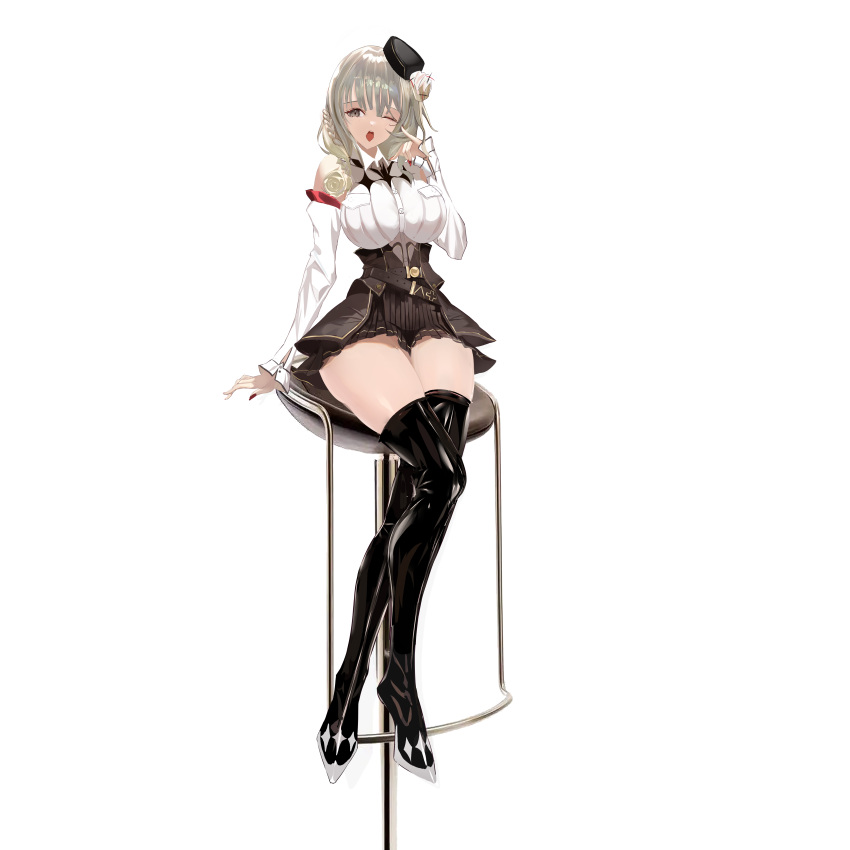 1girl ;o absurdres azur_lane black_footwear black_headwear boots braid breast_pocket breasts brown_skirt full_body gold_trim grey_eyes grey_hair hat high-waist_skirt highres large_breasts latex latex_boots long_hair long_sleeves luetzow_(azur_lane) meet_(9136) microskirt mini_hat one_eye_closed open_mouth pocket shirt sitting skirt solo thigh_boots white_shirt zettai_ryouiki