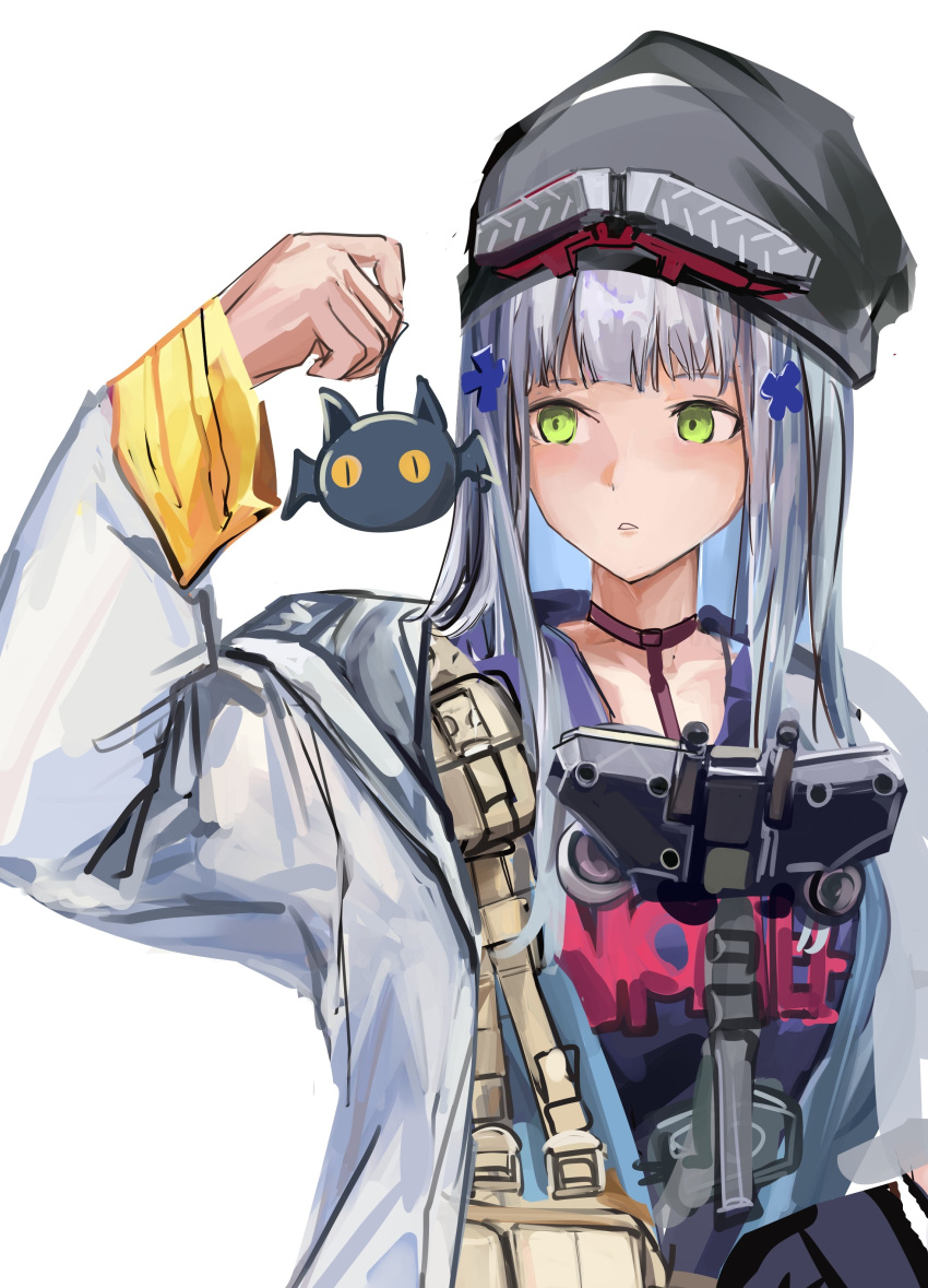 1girl absurdres bangs black_headwear blue_hair breasts commentary girls'_frontline girls'_frontline_neural_cloud green_eyes hair_ornament hairclip highres hk416_(girls'_frontline) holding jacket light_blush lithographica long_hair long_sleeves looking_at_viewer open_clothes open_jacket open_mouth parted_lips print_shirt purple_shirt shirt solo upper_body white_background white_jacket