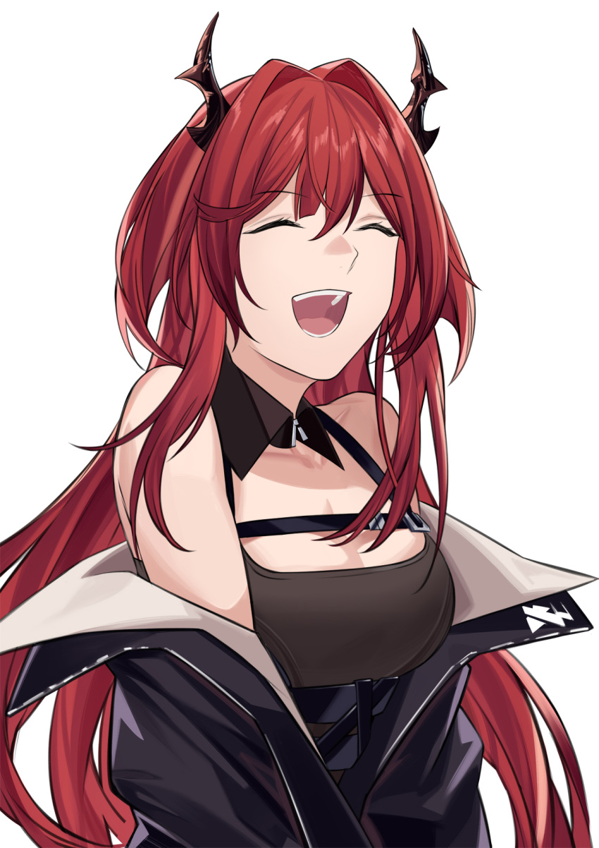 1girl arknights bangs black_jacket black_shirt breasts closed_eyes demon_horns detached_collar elinnasky harness highres horns jacket jacket_pull long_hair medium_breasts open_clothes open_jacket open_mouth red_hair shirt smile solo surtr_(arknights) teeth upper_body upper_teeth white_background