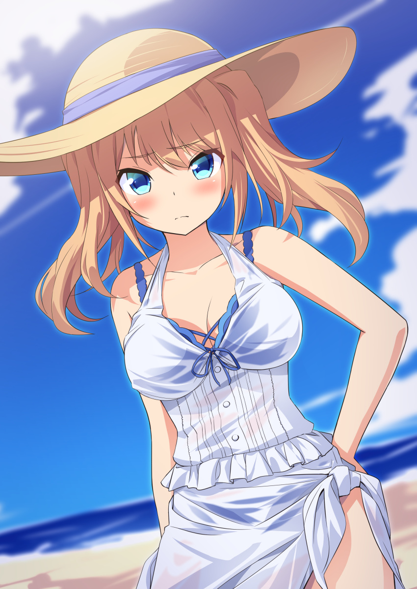 1girl absurdres aya_(project_tokyo_dolls) bangs bare_arms bare_shoulders beach bikini bikini_under_clothes blonde_hair blue_bikini blue_eyes blue_sky blurry blurry_background blush breasts brown_headwear cleavage closed_mouth cloud collarbone commentary_request day depth_of_field dress dutch_angle frilled_dress frills hair_between_eyes halterneck hand_on_hip hat highres horizon looking_at_viewer medium_breasts ocean outdoors project_tokyo_dolls sand see-through sky solo sun_hat swimsuit tied_dress twintails ugume water wet wet_clothes wet_dress white_dress