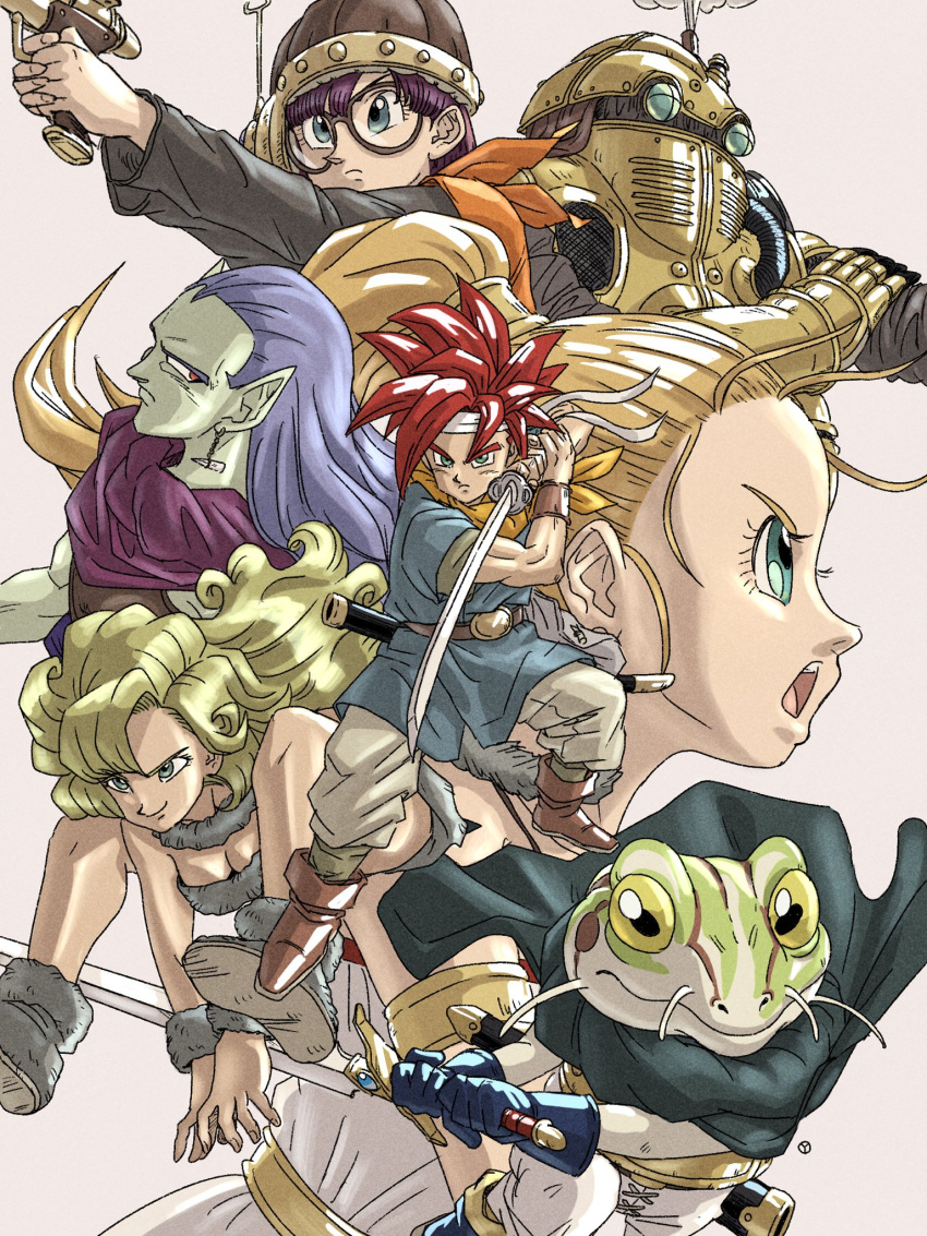 ayla_(chrono_trigger) blonde_hair breasts chrono_trigger cleavage closed_mouth crono_(chrono_trigger) earrings frog_(chrono_trigger) glasses gun helmet highres jewelry long_hair lucca_ashtear magus_(chrono_trigger) marle_(chrono_trigger) open_mouth ponytail purple_hair red_hair robo_(chrono_trigger) robot scarf short_hair simple_background smile sword weapon yuto_sakurai