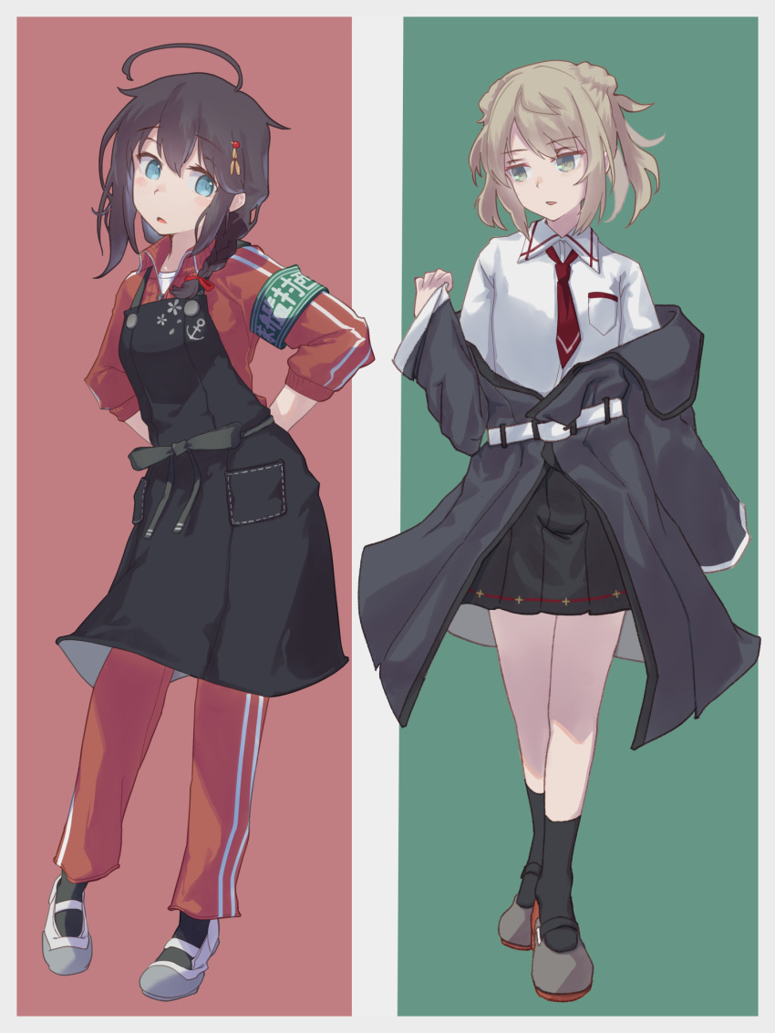 2girls ahoge alternate_costume armband black_coat black_hair black_skirt black_socks blue_eyes braid coat collared_shirt commentary_request cosplay costume_switch double_bun full_body green_background hair_bun hair_flaps hair_ornament hair_over_shoulder highres jacket kantai_collection light_brown_hair long_sleeves looking_to_the_side michishio_(kancolle) michishio_(kancolle)_(cosplay) multiple_girls necktie pants red_background red_jacket red_necktie red_pants shigure_(kancolle) shigure_(kancolle)_(cosplay) shigure_kai_ni_(kancolle) shirt shoes short_twintails single_braid skirt socks standing track_jacket track_pants track_suit twintails uwabaki white_shirt yano_shirou yellow_eyes