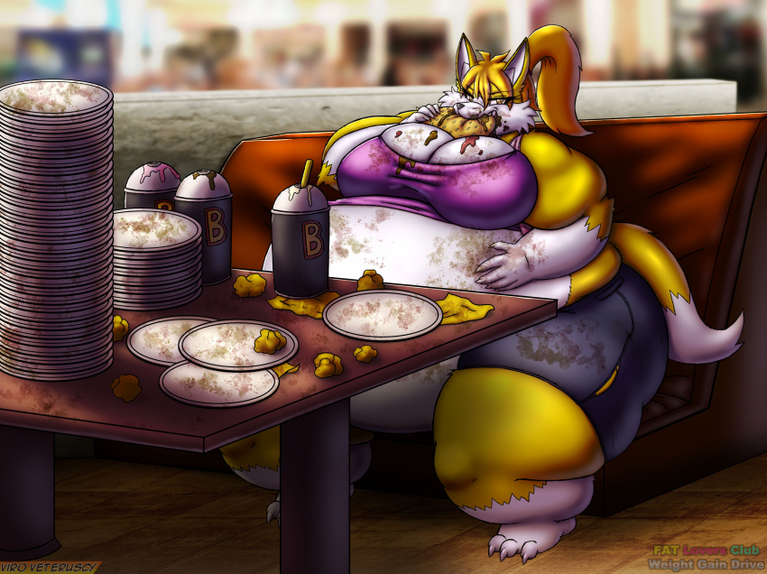 2022 absurd_res anthro belly big_belly big_breasts big_butt booth bottomwear breasts burger butt canid canine clothing container cup digital_media_(artwork) eating english_text female food fox fur furniture growling hair hi_res huge_thighs if_hell_had_a_taste mammal morbidly_obese morbidly_obese_anthro morbidly_obese_female multicolored_body multicolored_fur obese obese_anthro obese_female overweight overweight_anthro overweight_female plate ponytail shirt shorts sitting solo stuffing table text thick_thighs tiffany_brewwer topwear torn_bottomwear torn_clothing torn_shorts two_tone_body two_tone_fur viroveteruscy weight_gain