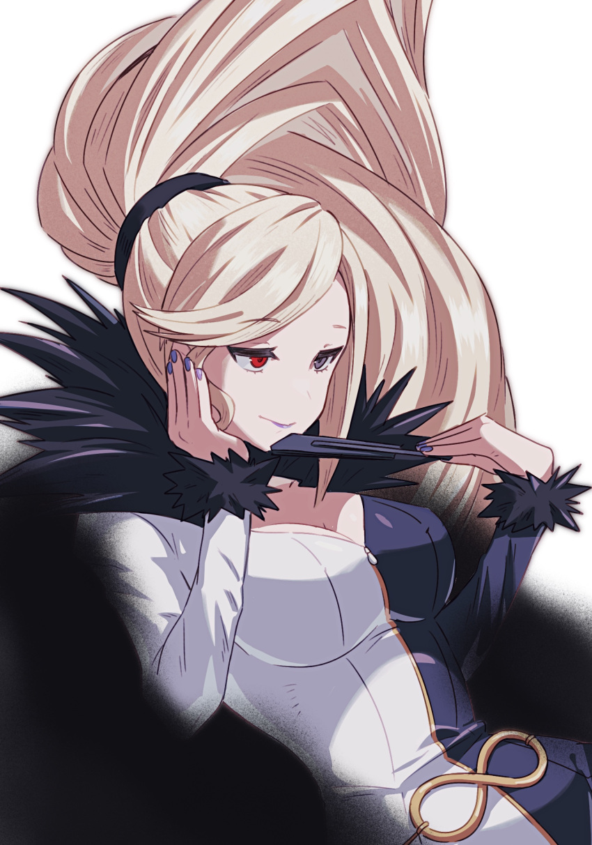 1girl aura bbhdrrr belt blonde_hair breasts dress folding_fan fur_trim hand_fan head_rest heterochromia high_ponytail highres hilda_(under_night_in-birth) medium_breasts purple_lips purple_nails sitting solo_focus two-tone_dress under_night_in-birth white_background