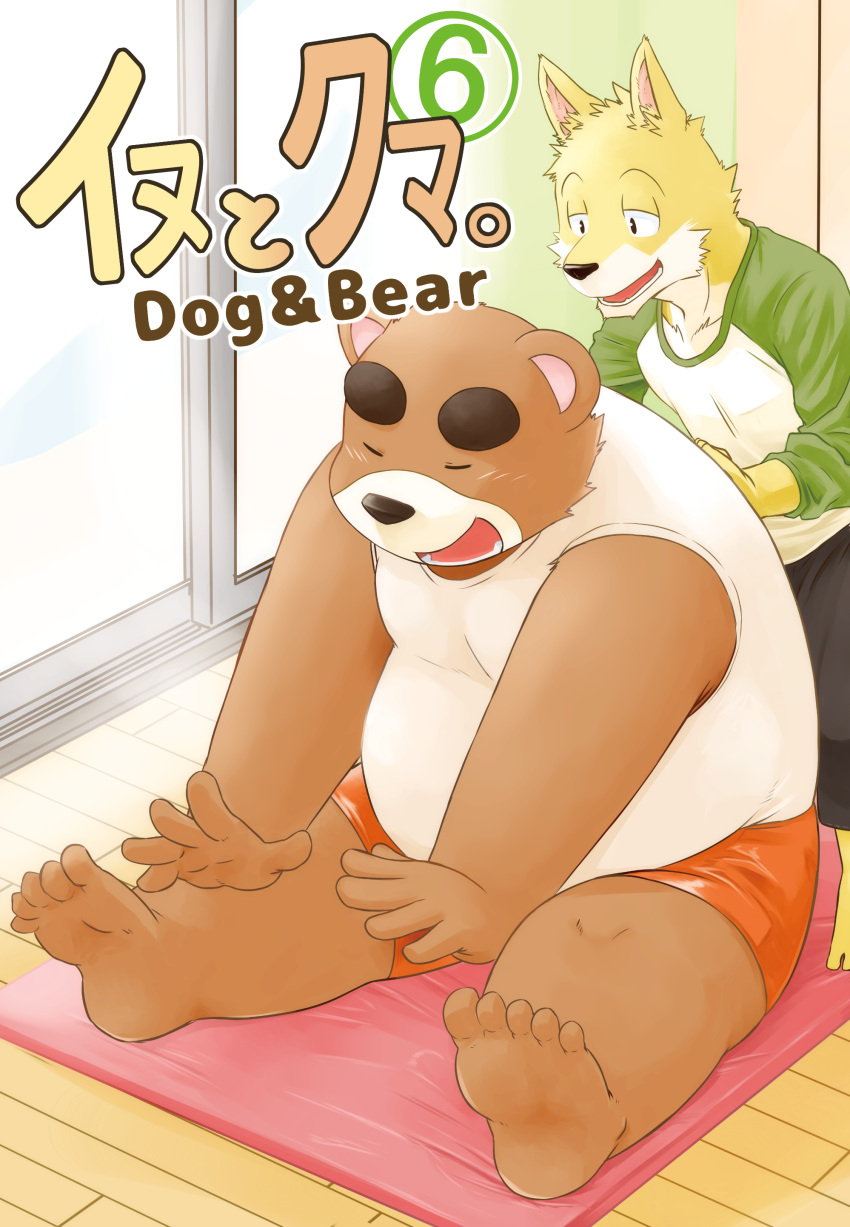 2022 absurd_res anthro belly black_nose bottomwear brown_body brown_fur canid canine canis clothing cover detailed_background domestic_dog duo eyes_closed fur hi_res humanoid_hands inside inu_to_kuma inuryu kemono male mammal overweight overweight_male shirt shorts sitting tachihana_mitsuba tomobiki_subaru topwear ursid yellow_body yellow_fur