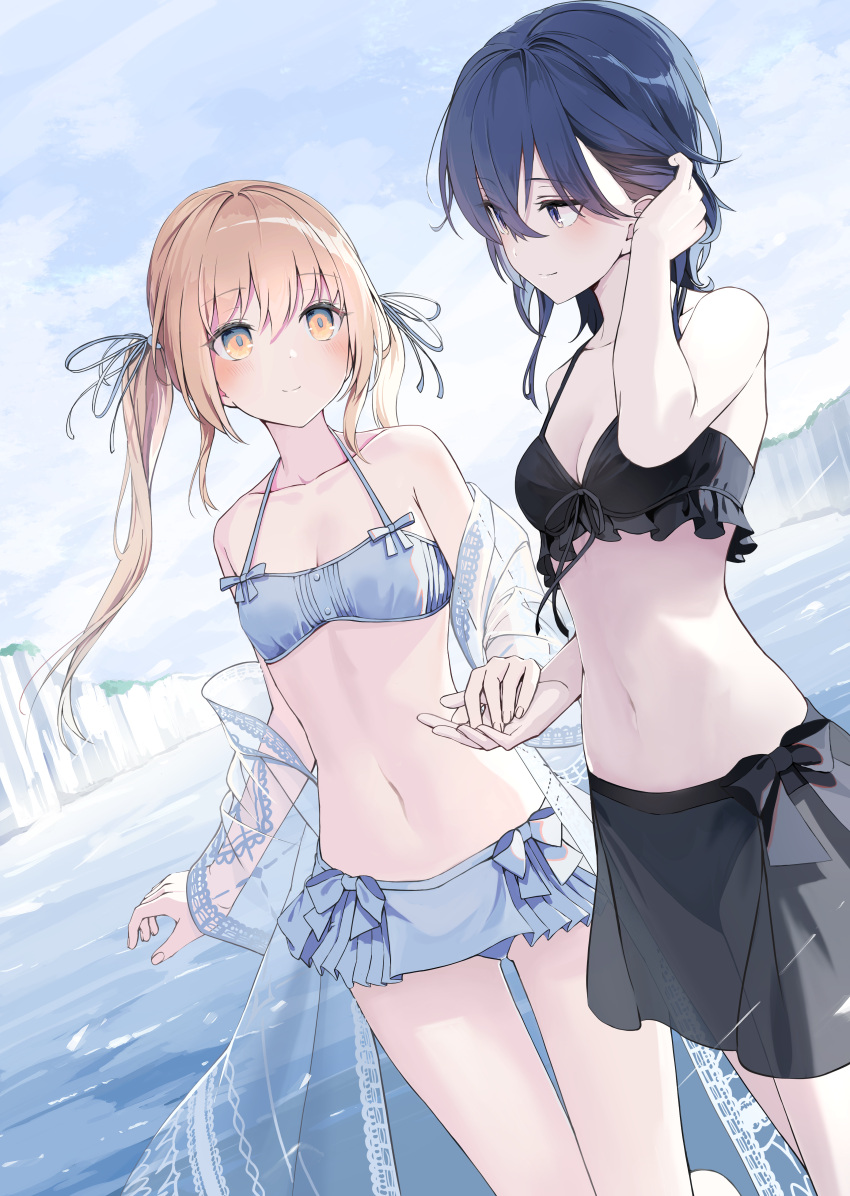 2girls absurdres bangs bikini bikini_skirt blonde_hair blue_eyes blue_hair blush bow breasts cleavage closed_mouth collarbone cover cover_page frilled_bikini frilled_skirt frills hair_between_eyes hand_in_own_hair hand_on_another's_hand highres horizon looking_at_another mikisai multiple_girls navel novel_cover novel_illustration official_art original outdoors skirt small_breasts swimsuit yellow_eyes yuri