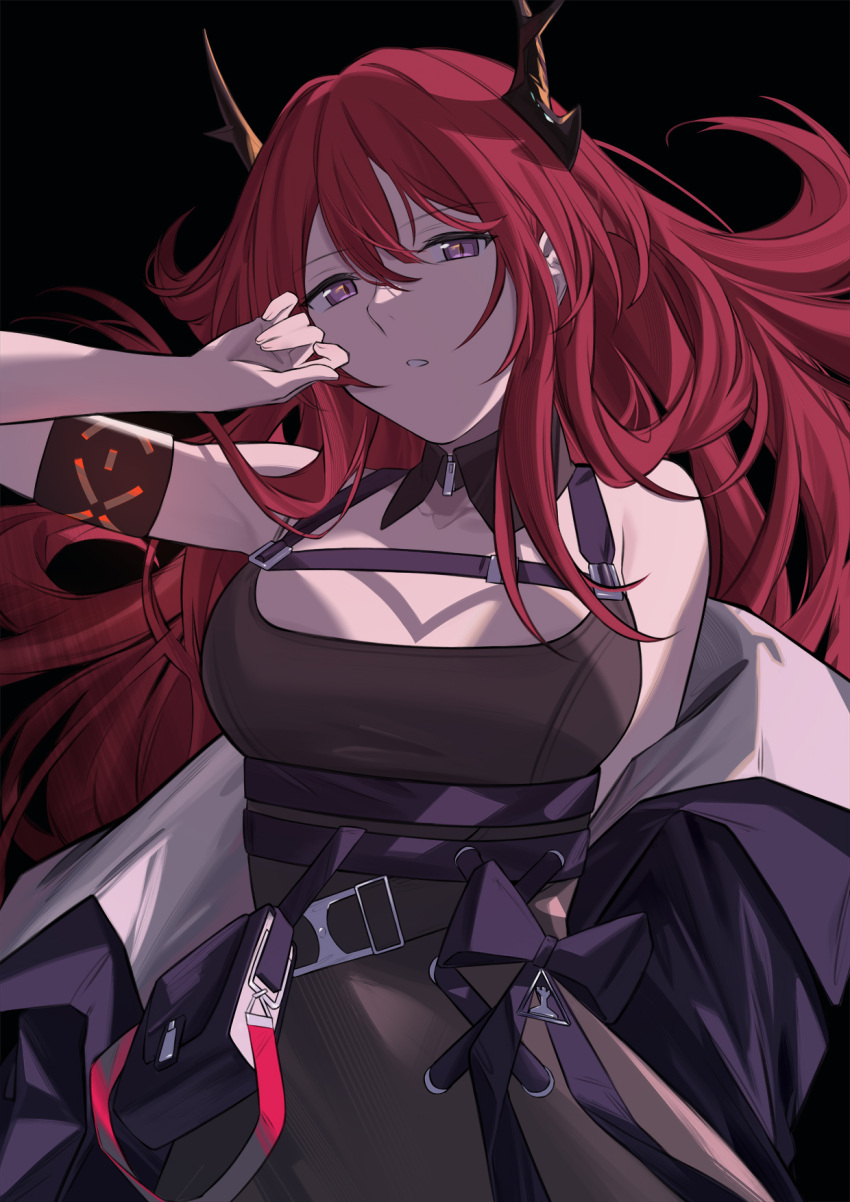 1girl arknights arm_up bangs black_background black_dress black_jacket breasts demon_horns detached_collar dress elinnasky harness highres horns jacket jacket_pull long_hair looking_at_viewer medium_breasts open_clothes open_jacket open_mouth purple_eyes red_hair solo surtr_(arknights) upper_body