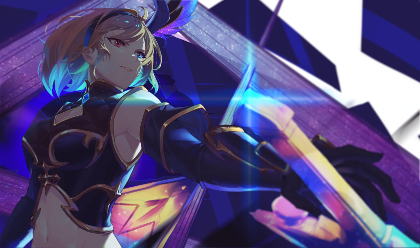 absurdres bangs black_gloves blonde_hair blue_eyes blurry breasts cleavage cleavage_cutout clothing_cutout conqueror_of_the_eternals depth_of_field djeeta_(granblue_fantasy) elbow_gloves gloves granblue_fantasy hairband heterochromia highres limi26 lips looking_afar navel parted_lips red_eyes shirt short_hair sleeveless sleeveless_shirt smile upper_body vambraces