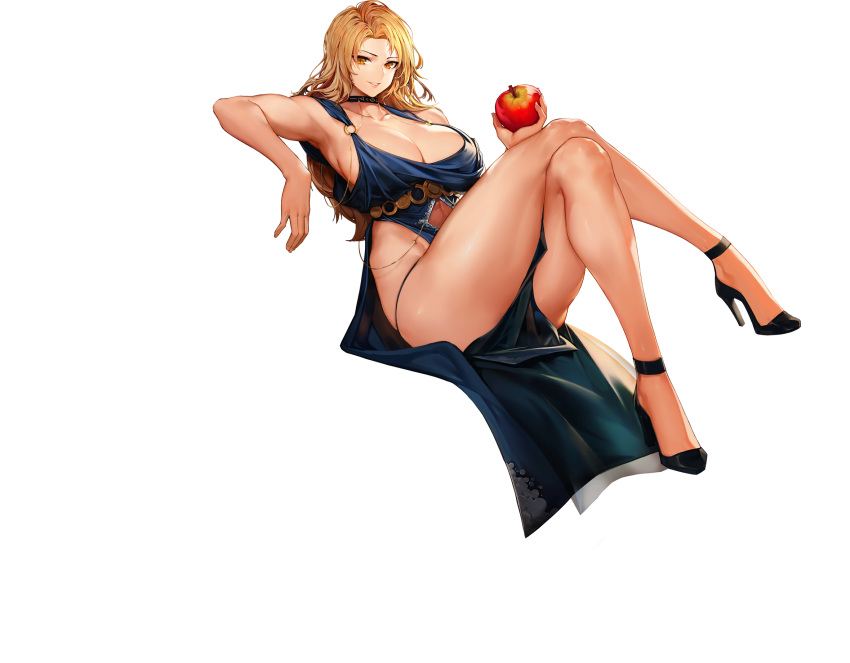 1girl apple blonde_hair breasts choker cleavage clothing_cutout crossed_legs dress food fruit full_body grin high_heels highres jam_(nandade) large_breasts last_origin long_hair looking_at_viewer navel_cutout official_alternate_costume official_art queen_of_mane side_slit smile solo tachi-e transparent_background yellow_eyes