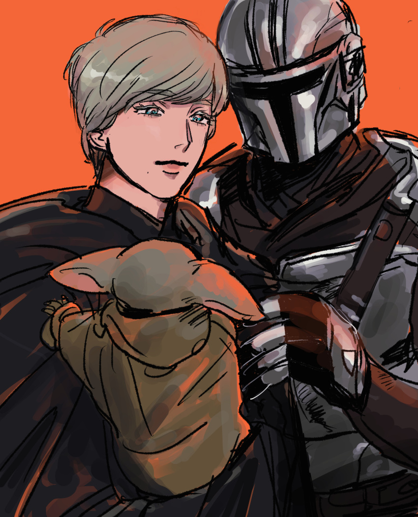 12290510 absurdres blonde_hair blue_eyes colored_skin din_djarin green_skin grogu helmet highres jedi looking_at_another luke_skywalker mandalorian mole mole_under_mouth orange_background simple_background star_wars the_mandalorian