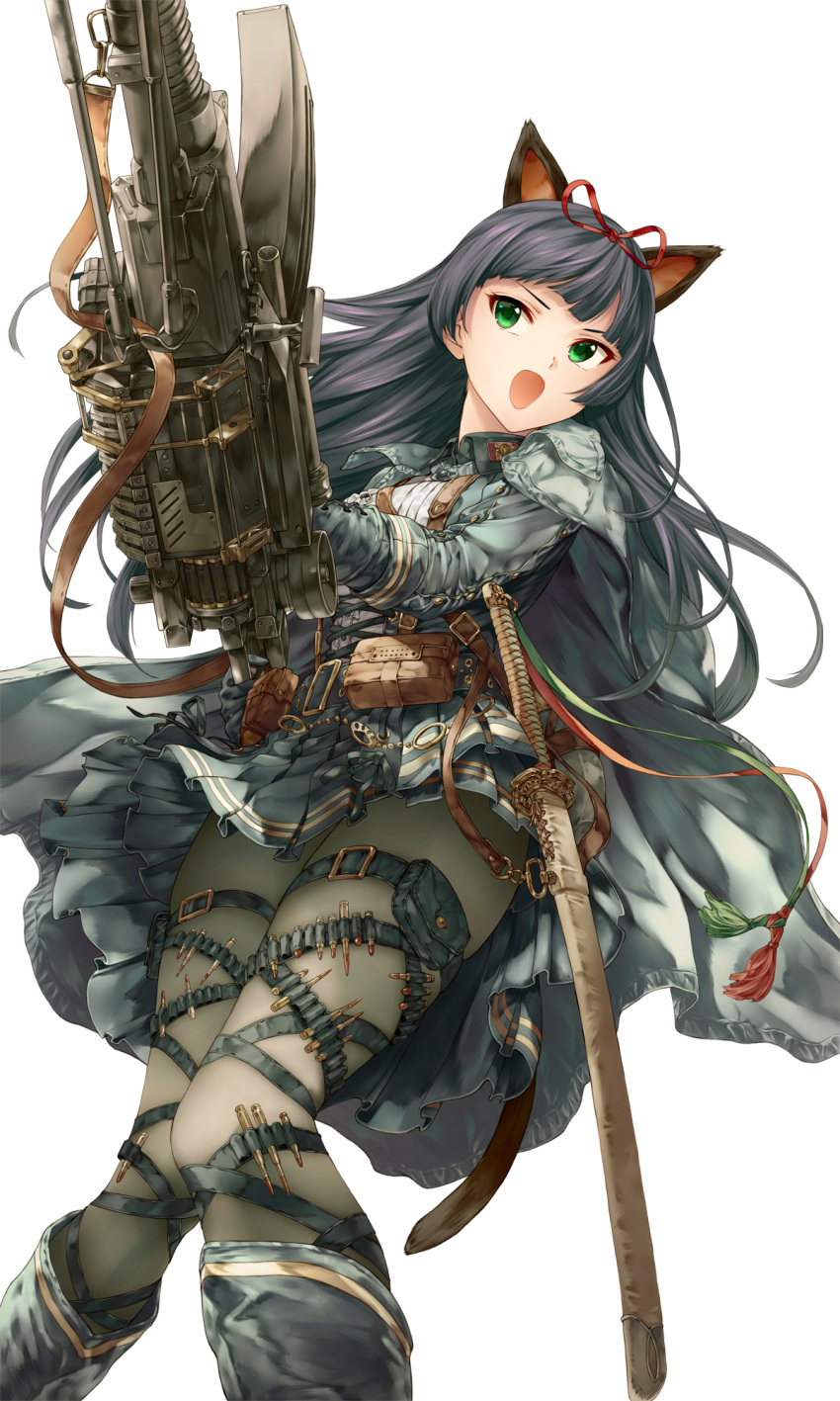 1girl alternative_girls animal_ears black_cape black_footwear black_hair black_skirt cape cat_ears cat_tail green_eyes gun highres holding holding_gun holding_weapon motoki_(hisano_motoki) open_mouth skirt solo sword tail weapon