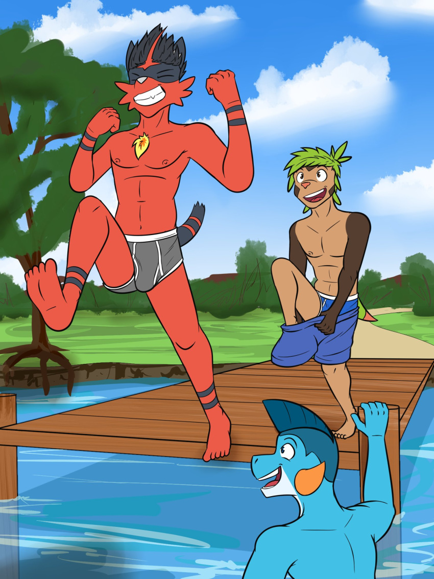 anthro anthrofied blue_briefs blue_clothing blue_underwear bottomwear briefs briefs_only bulge chespin cid_(fuze) clothed clothing fuze gao_(fuze) generation_3_pokemon generation_6_pokemon generation_7_pokemon grey_briefs grey_clothing grey_underwear group hi_res jumping lake lucas_(fuze) male marshtomp navel nintendo nipples outside partially_clothed partially_submerged pier pokemon pokemon_(species) pokemorph shorts shorts_down swimming topless torracat trio underwear underwear_only undressing video_games water white_seam_briefs