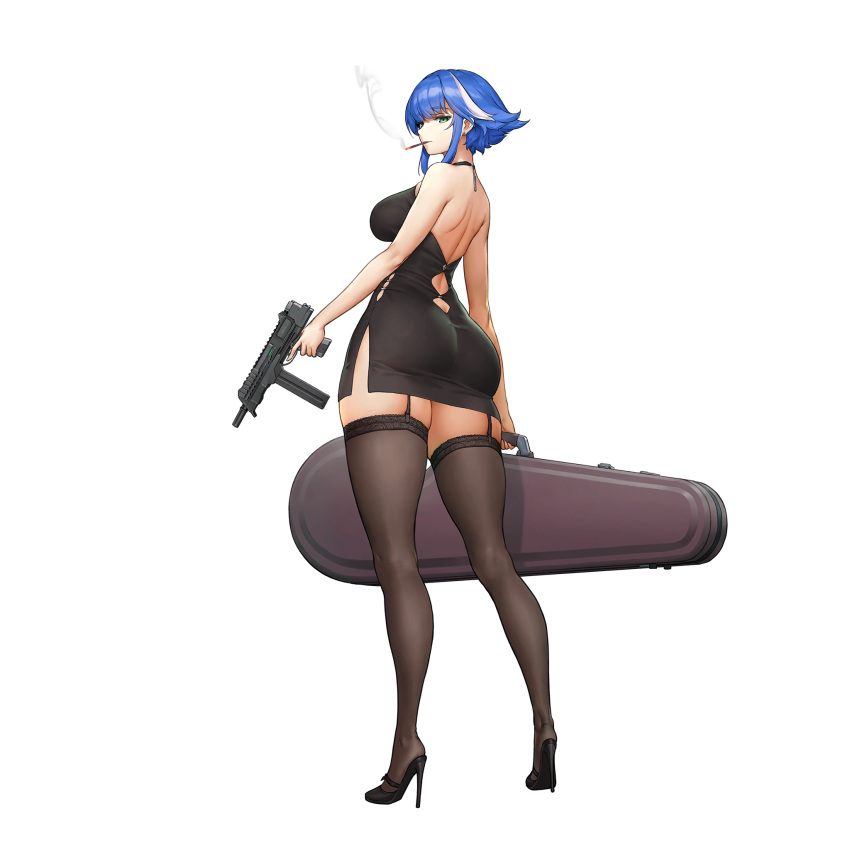1girl ass back_cutout bangs black_dress black_footwear black_thighhighs blue_hair breasts cigarette clothing_cutout dress earrings from_behind full_body game_cg garter_straps green_eyes gun halterneck high_heels highres holding holding_case holding_gun holding_weapon jewelry kakiman lace-trimmed_legwear lace_trim large_breasts last_origin looking_at_viewer looking_back machine_pistol median_furrow multicolored_hair necklace official_alternate_costume official_art sand_girl_(last_origin) short_dress short_hair shoulder_blades side_slit sidelocks skindentation smoking solo streaked_hair tachi-e thick_thighs thighhighs thighs tight tight_dress transparent_background two-tone_hair weapon weapon_case white_hair