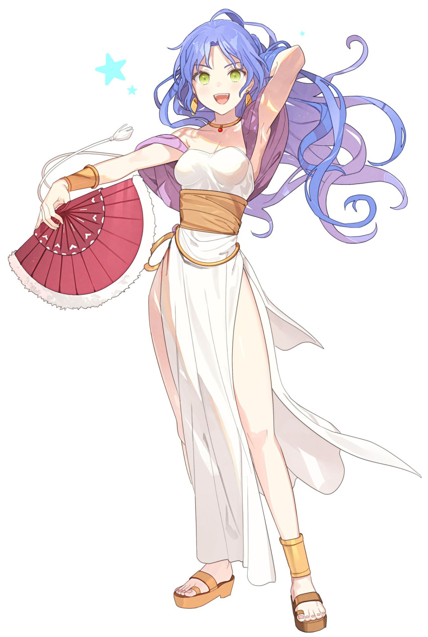 1girl :d arm_behind_head arm_up bangs bare_shoulders blue_hair breasts brown_footwear cleavage commentary_request dress earrings floating_hair folding_fan full_body fur_trim green_eyes hand_fan hand_in_own_hair highres holding holding_fan jewelry koyoi_mitsuki long_hair looking_at_viewer medium_breasts multicolored_hair parted_bangs pelvic_curtain purple_hair puyopuyo rulue_(puyopuyo) sandals simple_background smile solo star_(symbol) strapless strapless_dress two-tone_hair very_long_hair white_background white_dress