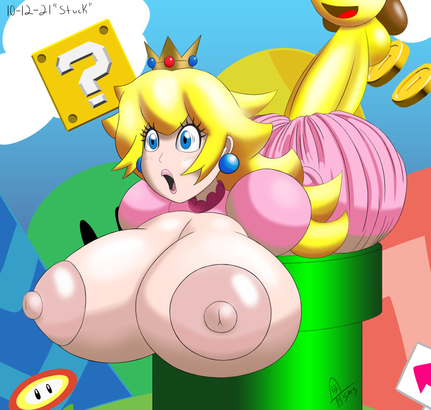 2021 absurd_res areola balls big_breasts big_butt big_penis blonde_hair blue_eyes breasts butt cleavage clothed clothing crown duo exposed_breasts female forced genitals hair hi_res human male male/female mammal mario_and_luigi_(series) mario_bros nintendo nipples open_mouth outside partially_clothed penetration penis pink_clothing pipe princess_peach sex star_sprite starlow stuck supermoonshroom surprise text trapped video_games waddling_head watermark yellow_body